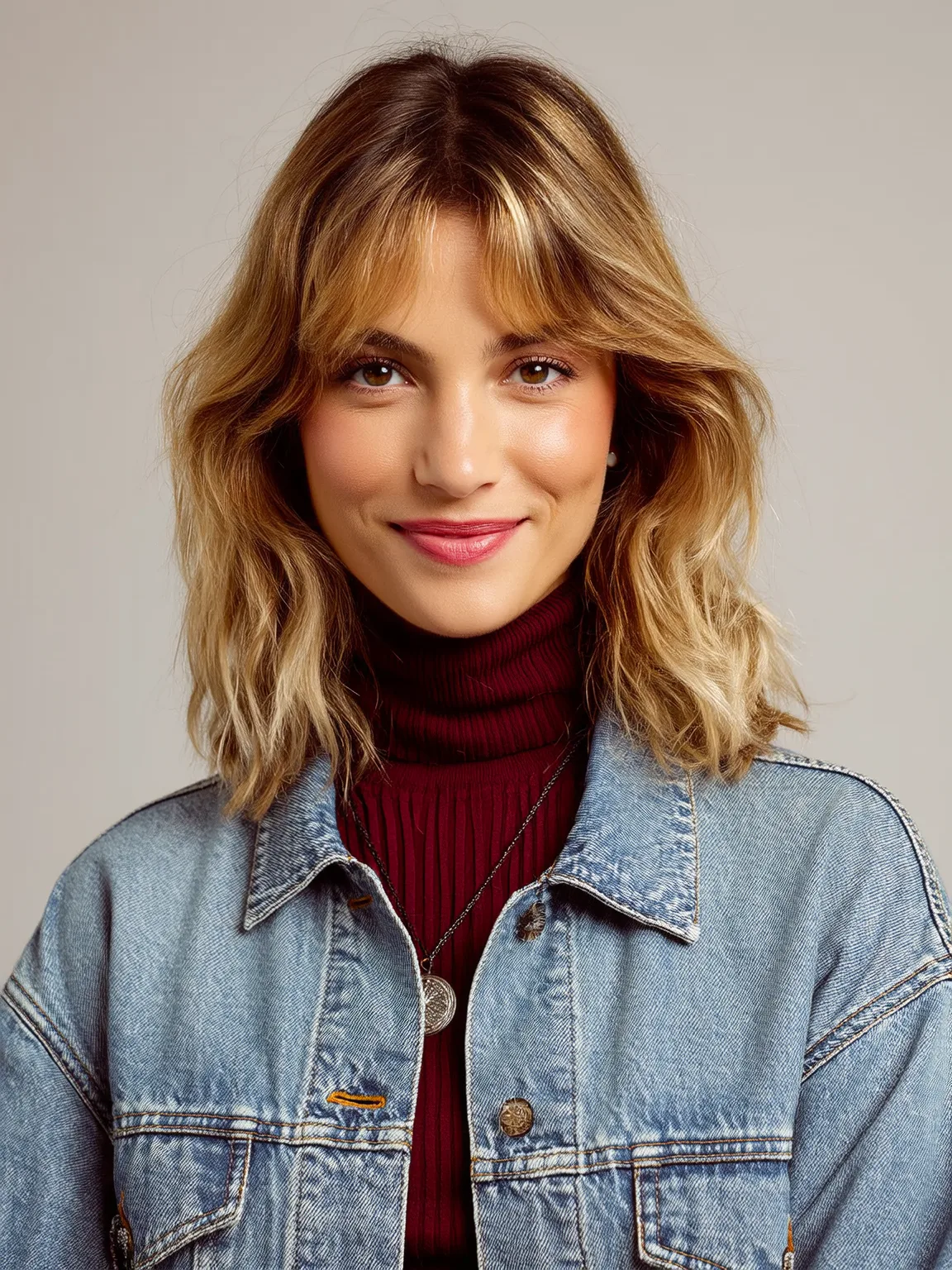 Wavy Honey Blonde Balayage Long Bob with Curtain Bangs